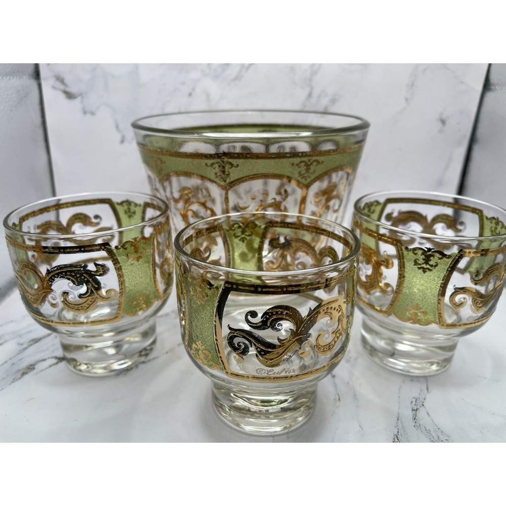 MCM Culver Green & Gold Footed Whiskey‎ Glasses 3 and Ice Bucket 1960's